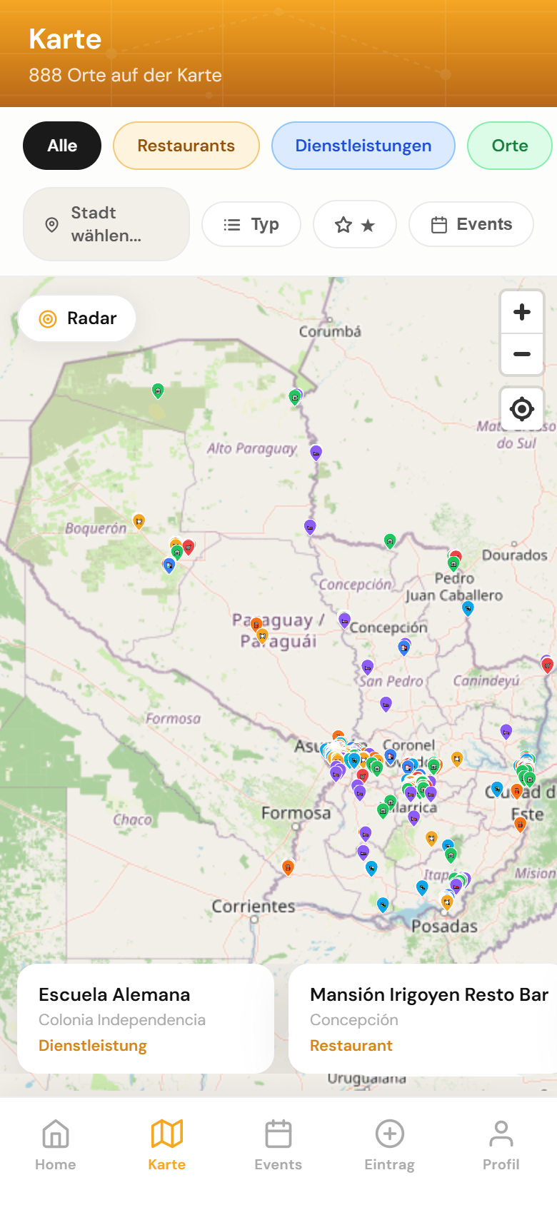 Buscar App – Kartenansicht mit 888 Orten